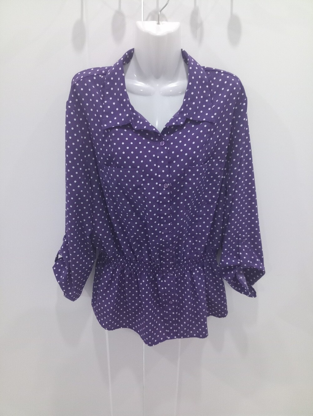 Vintage Elementz Purple & White Polka Dot ButtonUp Peplkum Blouse Elastic Waist